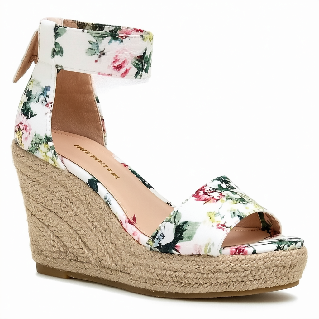 NINE WEST Women's MEAKS Espadrille Wedge Sandal, White Floral, 8.5