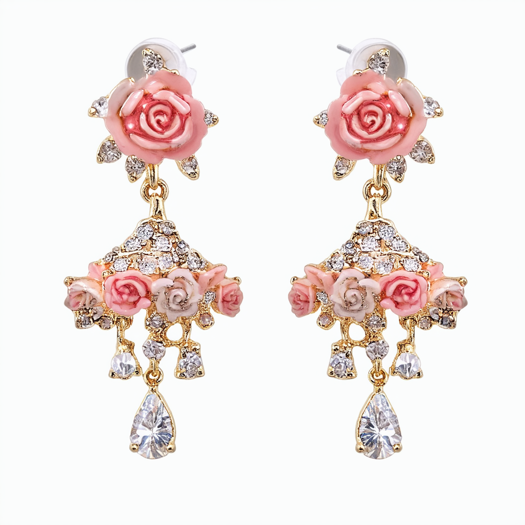 Betsey Johnson "Ballerina Rose" Rose and Crystal Chandelier Drop Earrings