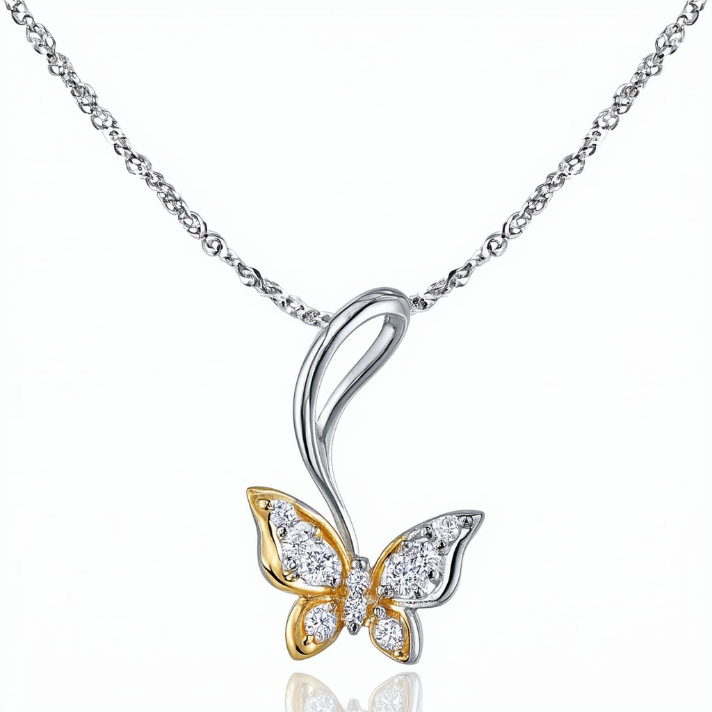Amazon Collection Sterling Silver and 14k Gold Butterfly Diamond Pendant Necklace, 18"