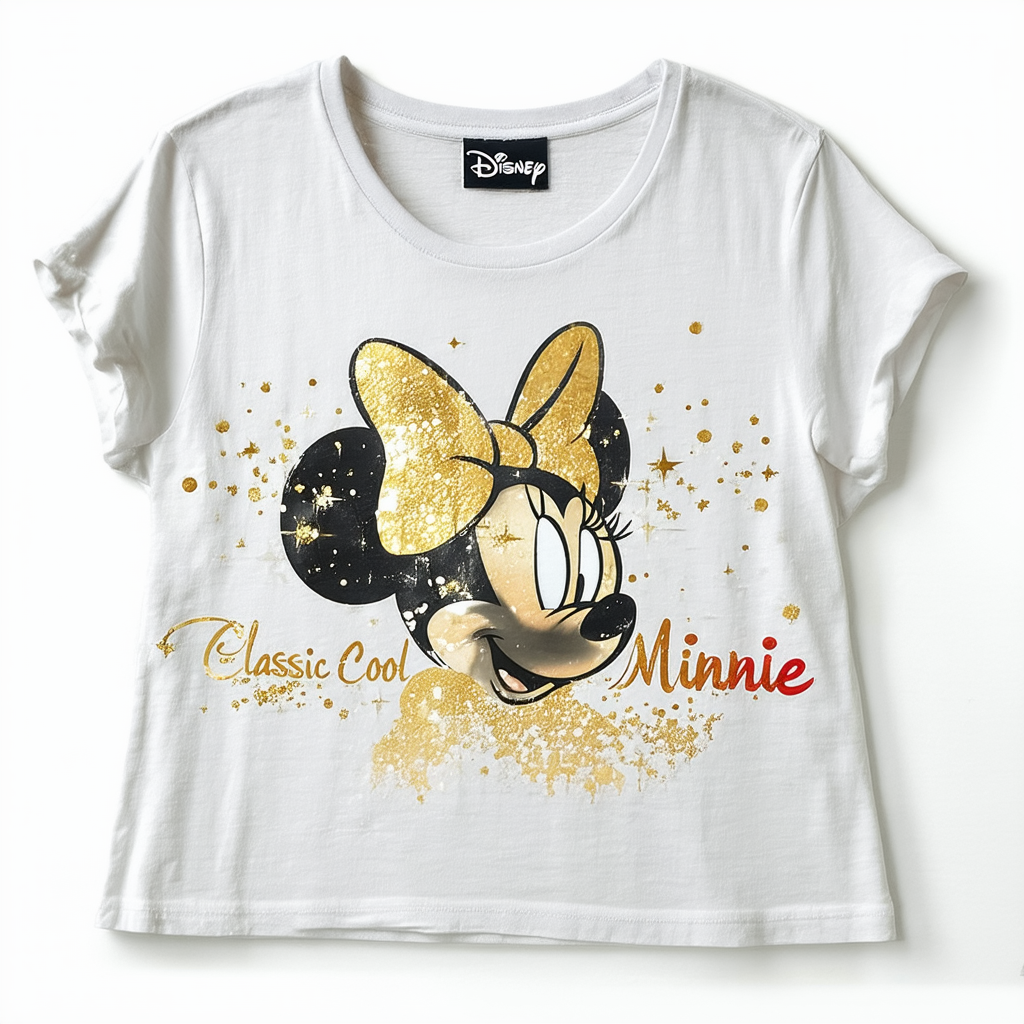 Disney Classic Cool Minnie Mouse Women's T Shirt Top-White Gold