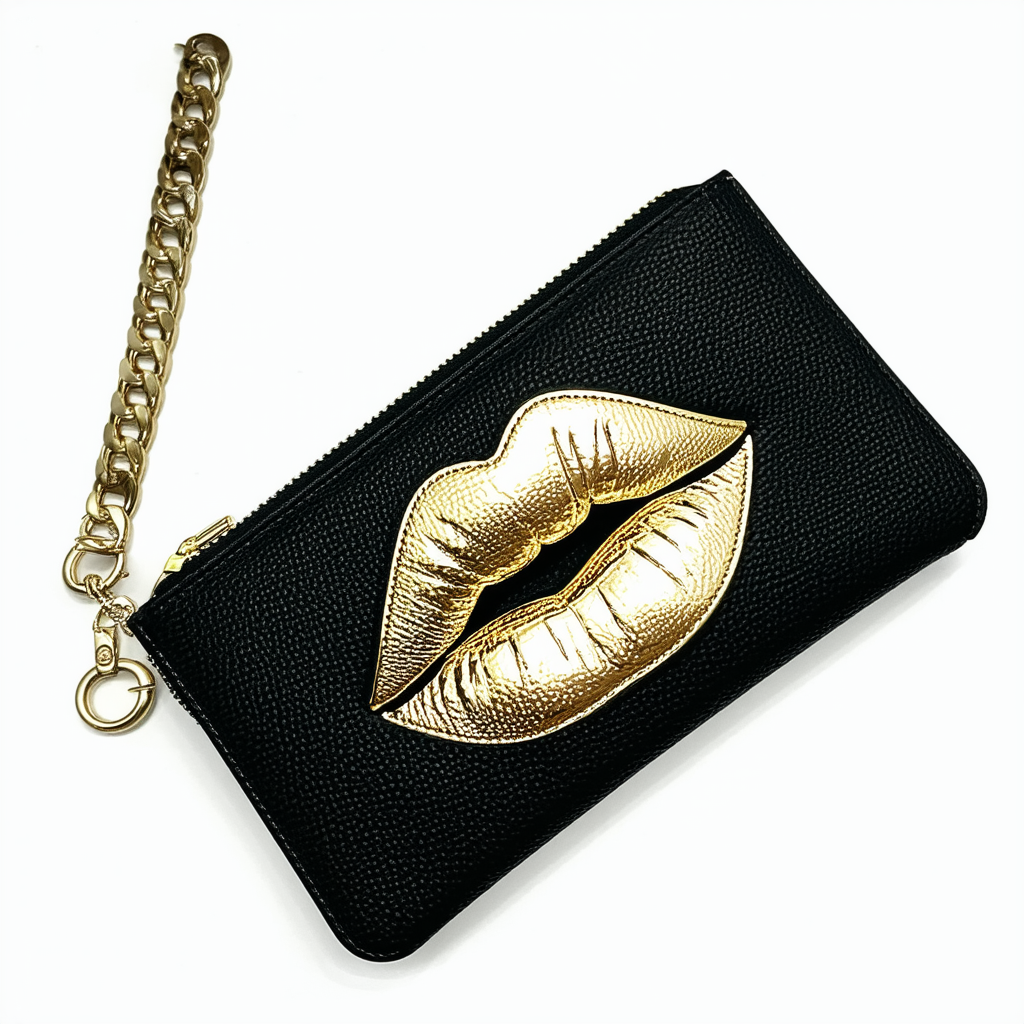 New Betsey Johnson Logo Luv Wristlet Black Clutch Purse Hand Bag Gold Lips