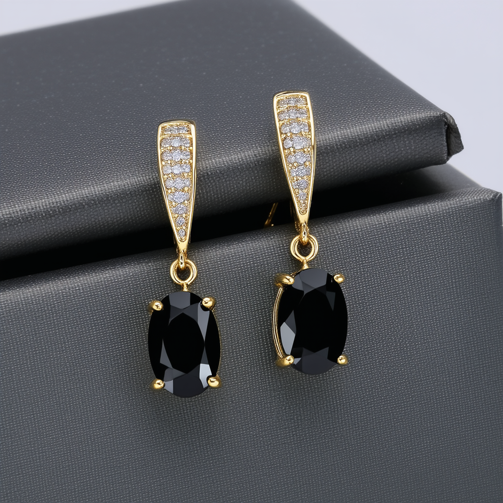 Amazon Collection Gold-Plated Sterling Silver Large Black Onyx Flat Faceted Oval Earrings