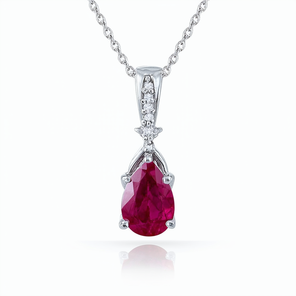 Amazon Collection 10k White Gold Created Ruby and Diamond Accent Teardrop Pendant Necklace, 18''