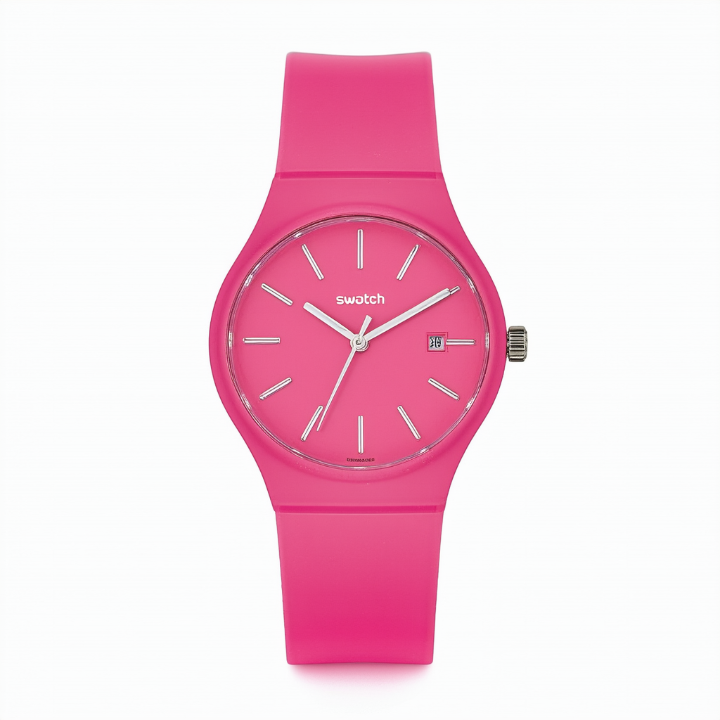 Swatch SUOP100 pink lacquered pink dial pink plastic strap unisex watch NEW