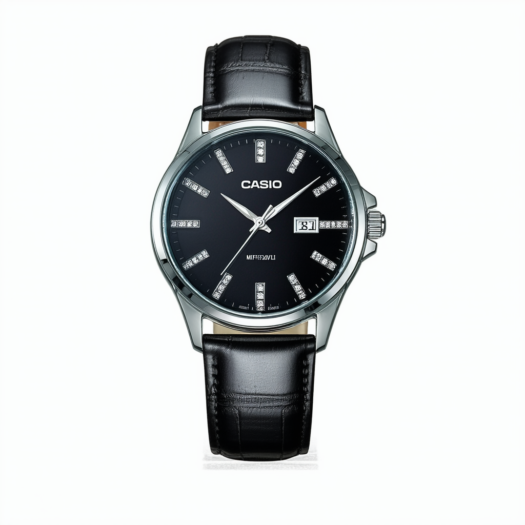 Casio MTP-E120LY-1AV Men's Leather Band Faceted Crystal Black Dial Day Date Dress Watch
