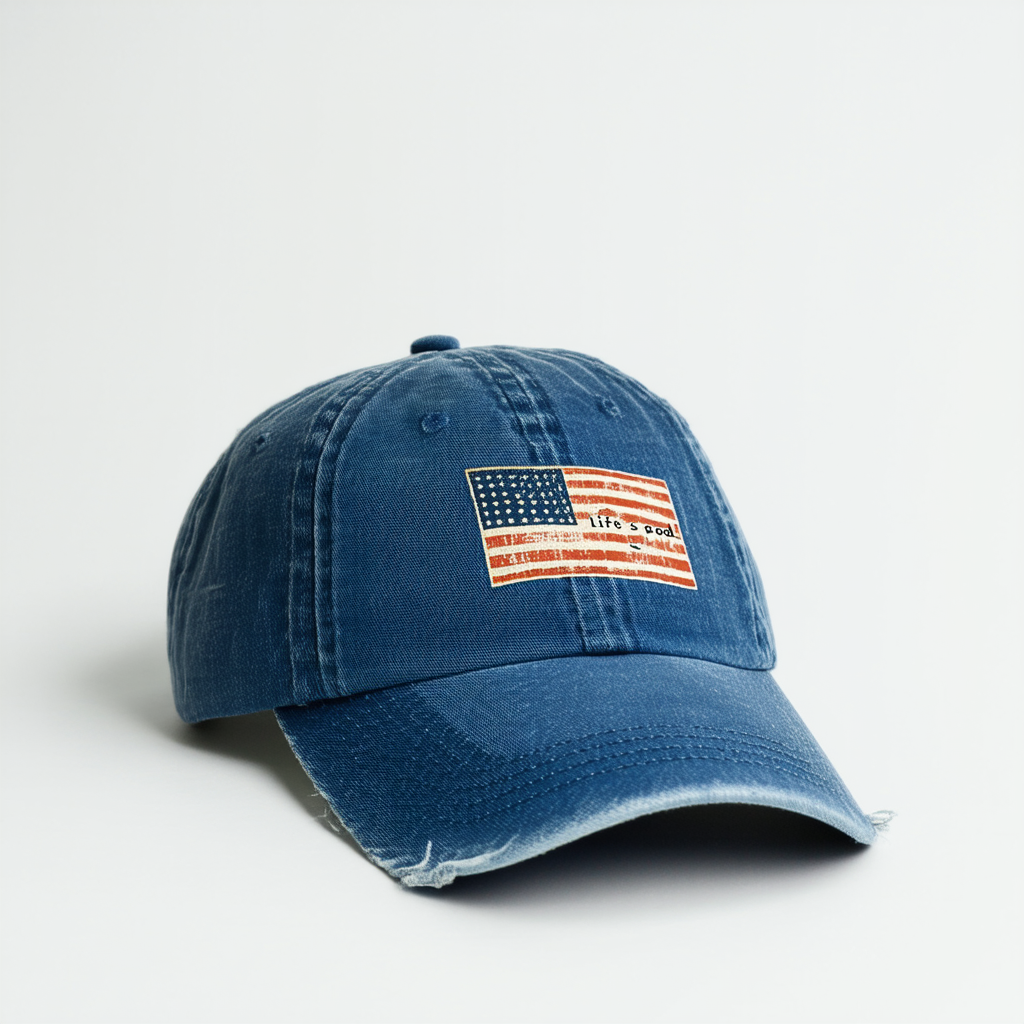 Life is Good Tattered Chill Cap Baseball Hat , Flag Vintage Blue, One Size