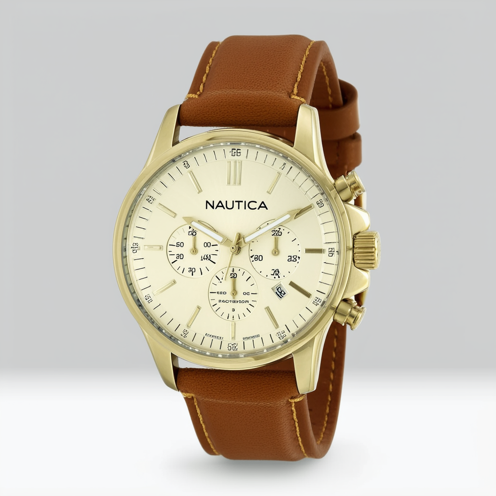 Nautica Men's N12563G BFD 101 Date Cream Dial Tan Leather Watch