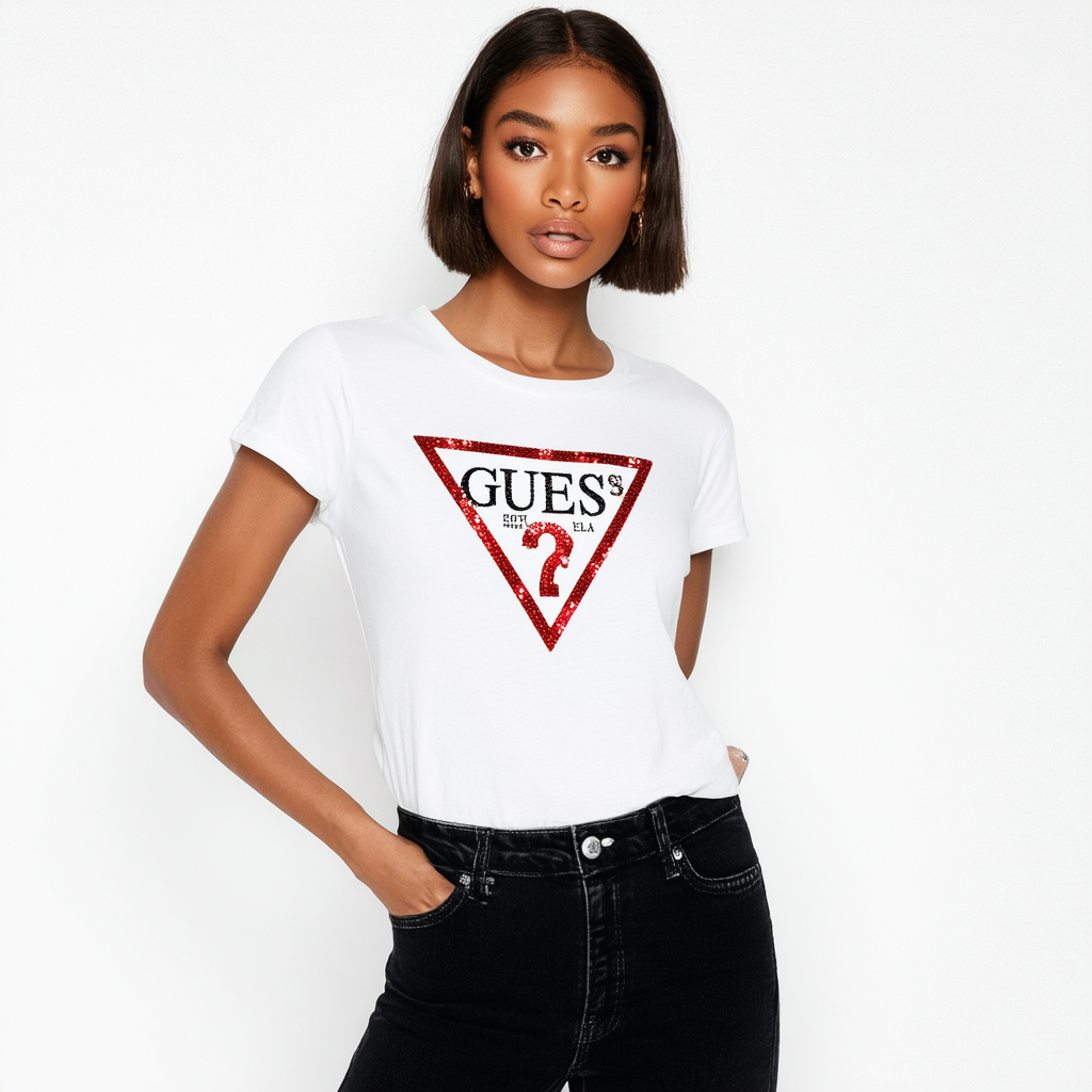 GUESS Factory Women's Kella Sequin Logo Tee Jet Black