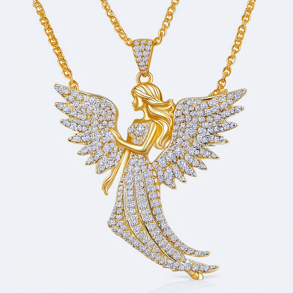 Fashion Jewelry Angel Necklace Pendant with Iced Out Long Wings Goldtone or Silvertone