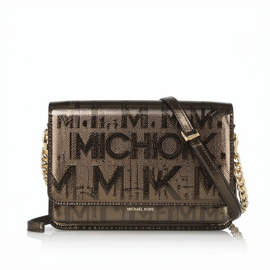 MICHAEL KORS Jet Set Mirror Metallic Cocoa Brown MK Logo PVC Crossbody Bag