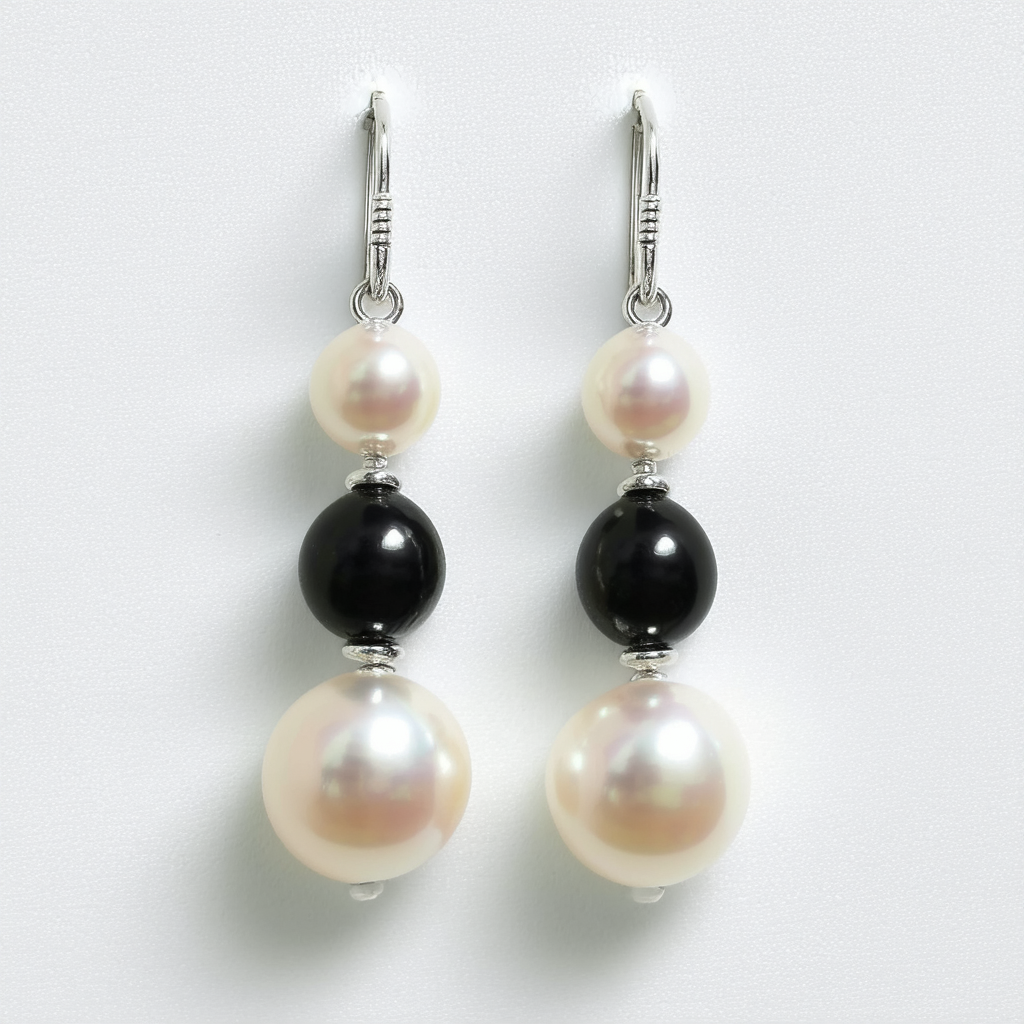 Amazon Collection Silver Tone Simulated Cream Pearl and Black Double Drop Earrings