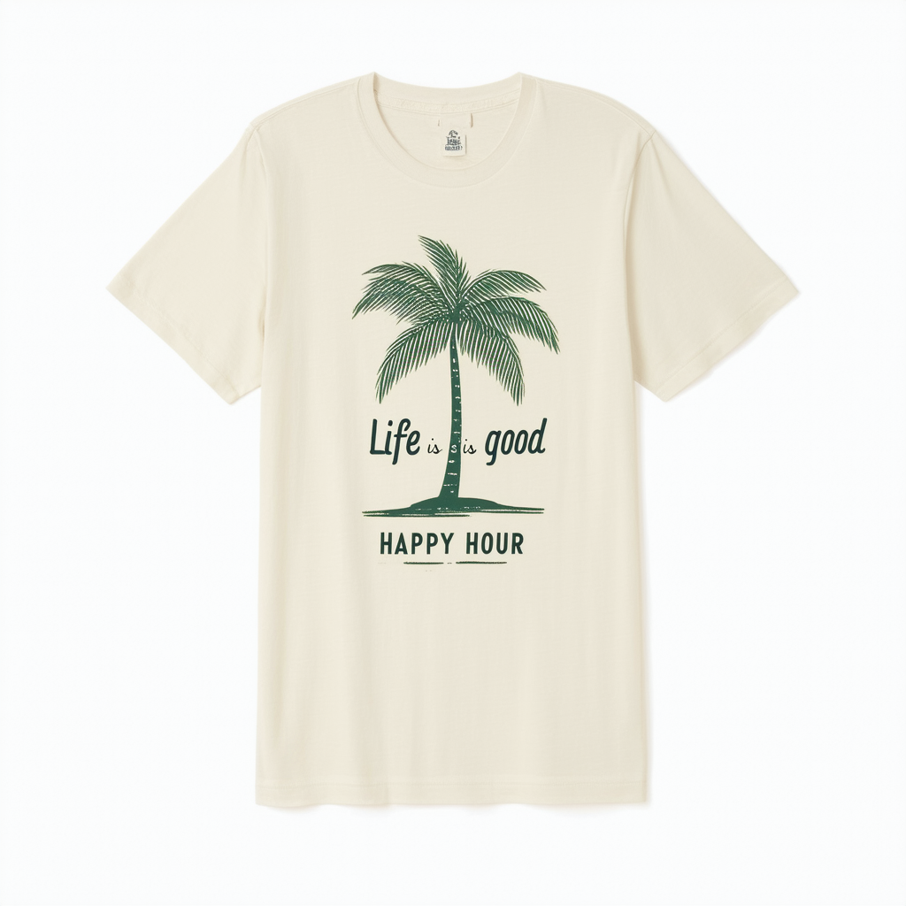 Life is Good Shortsleeve Cool Happy Hour Palm T-Shirt, Simply Ivory