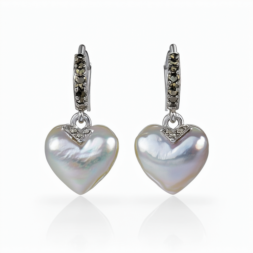 Amazon Collection Sterling Silver Mother of Pearl and Marcasite Heart Drop Earrings