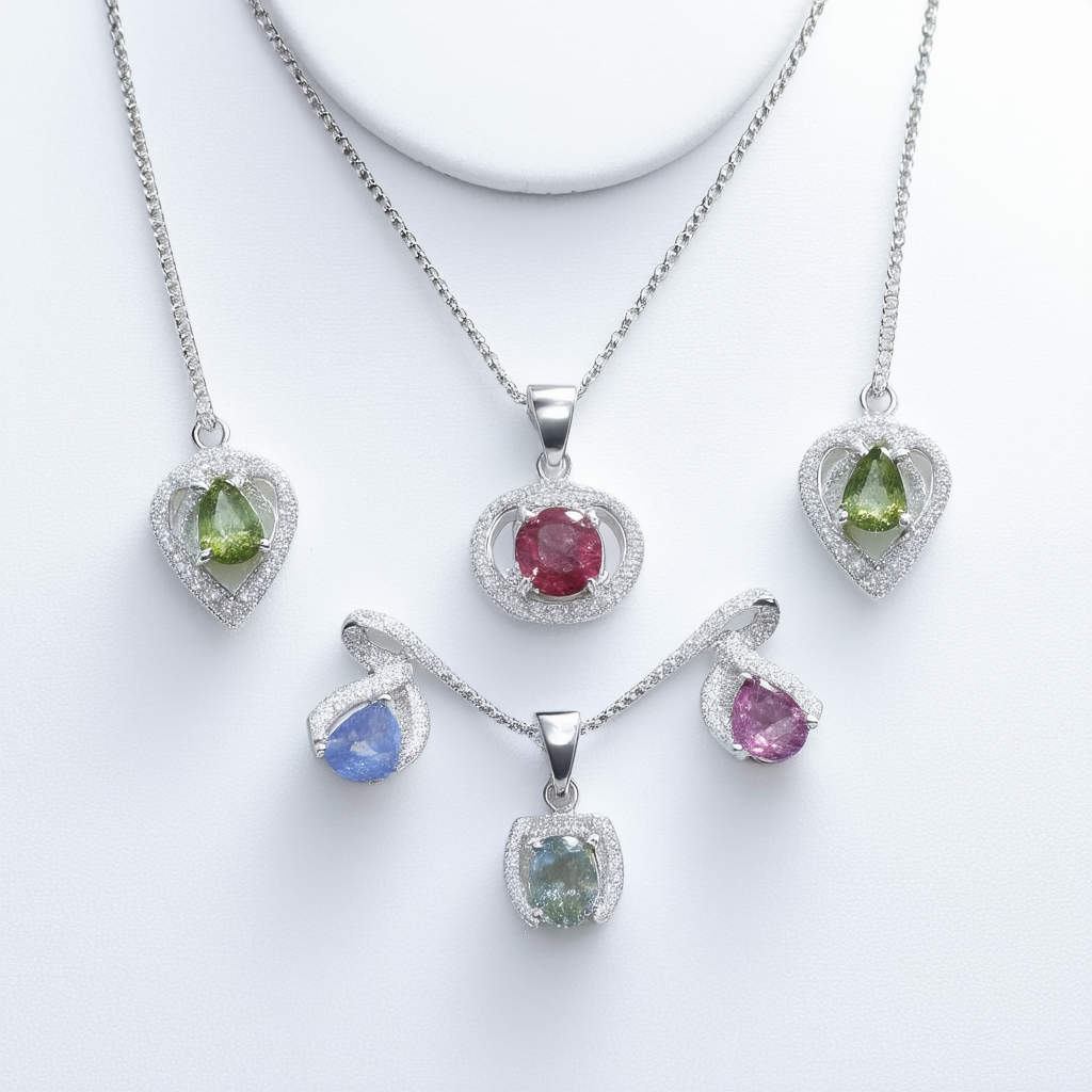 Sterling Silver Necklace Set with Five Pendant Gemstones