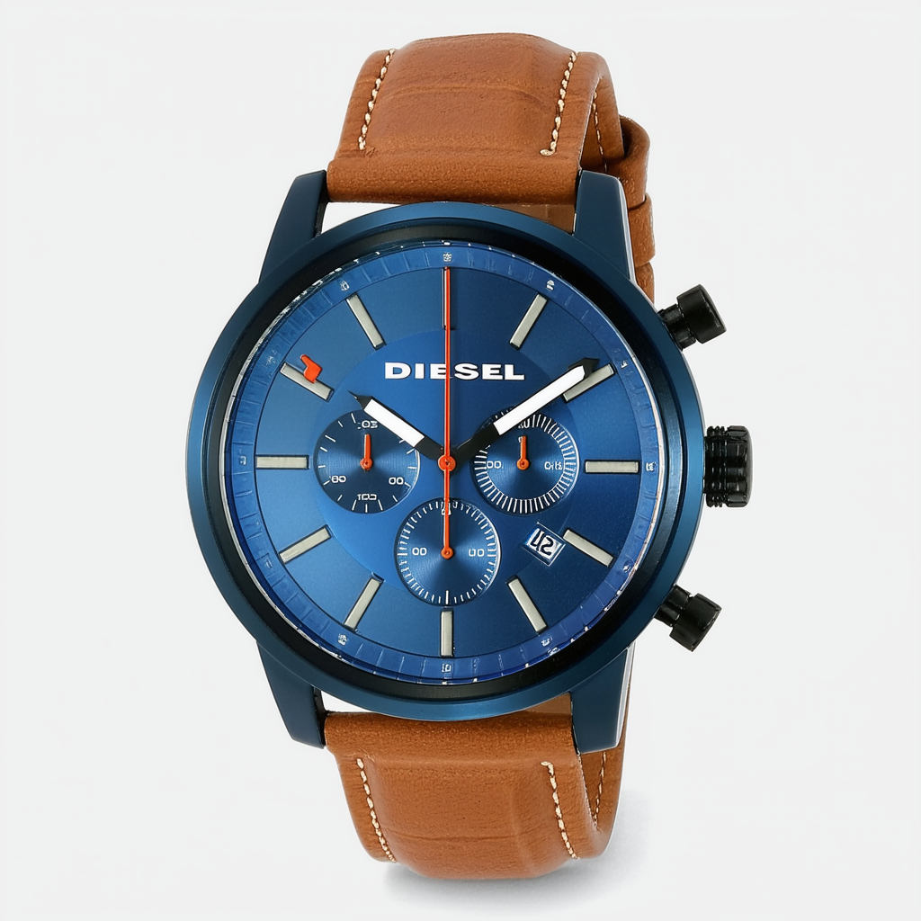 Diesel Double Down 48 Blue Dial Chronograph Blue Dial Tan Leather Mens Watch DZ4322