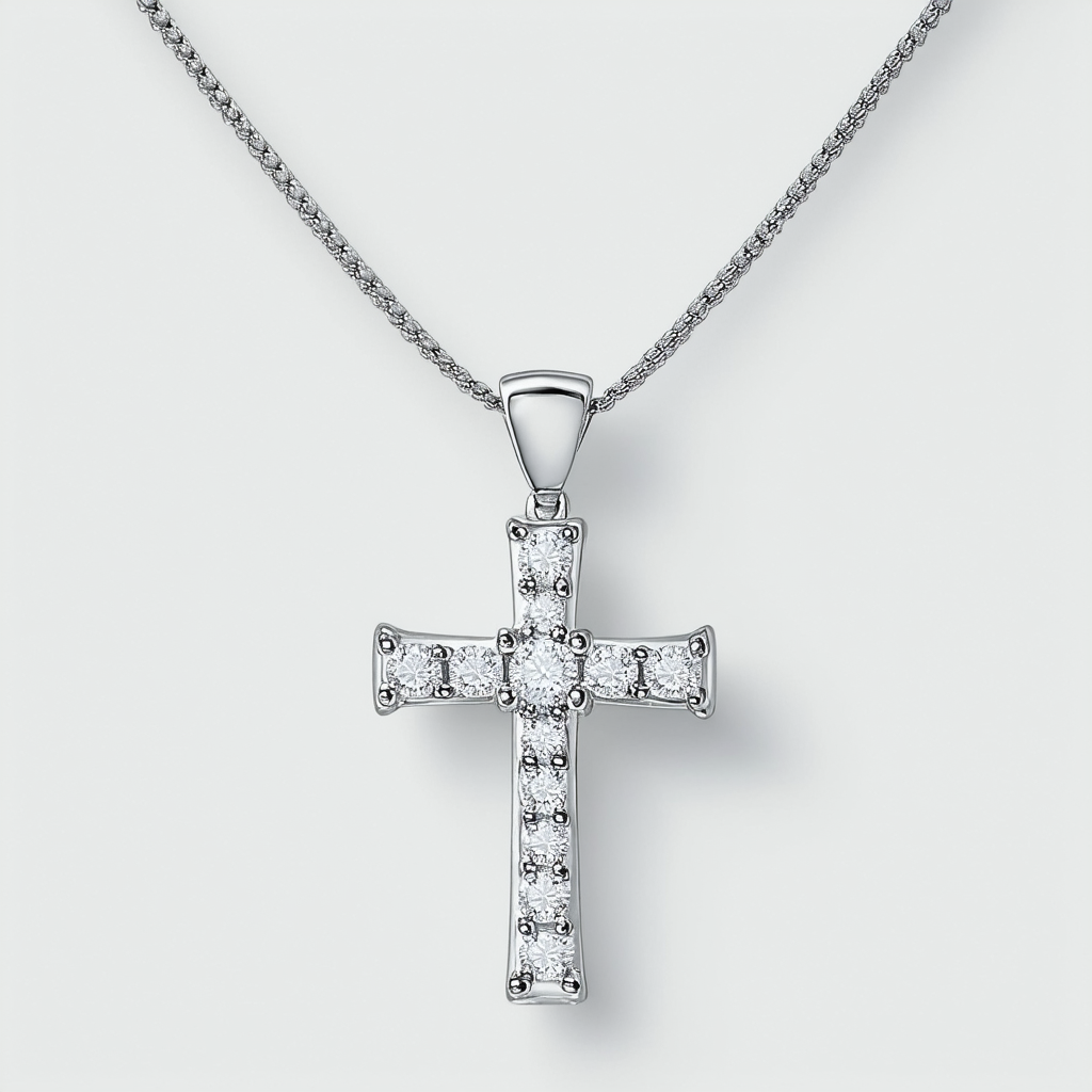 Amazon Collection 14k White Gold Cross w/ .05ctw Diamond-Accent Inner Cross on 18" White Gold Chain