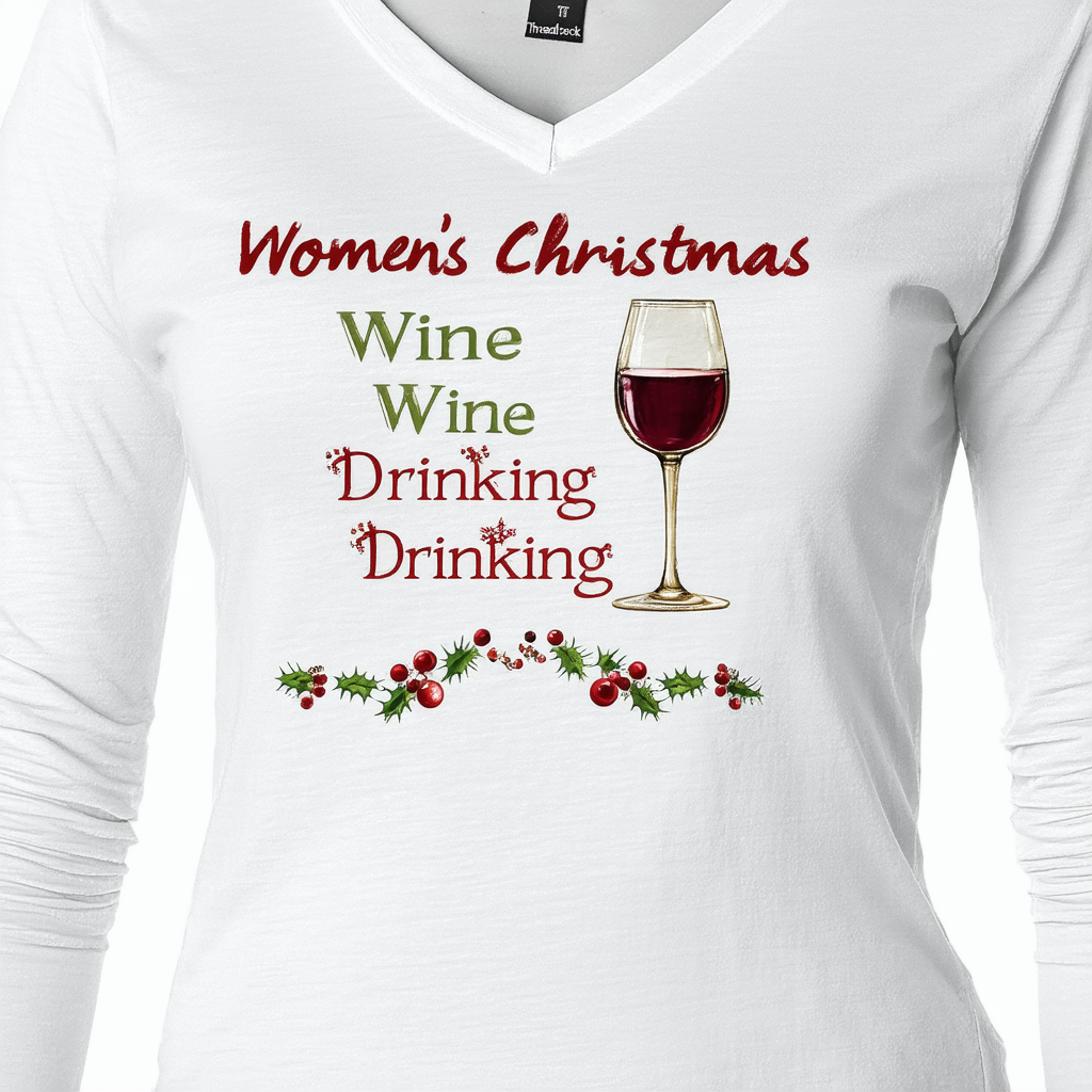 Threadrock Women's Christmas Wine Drinking V-Neck T-Shirt