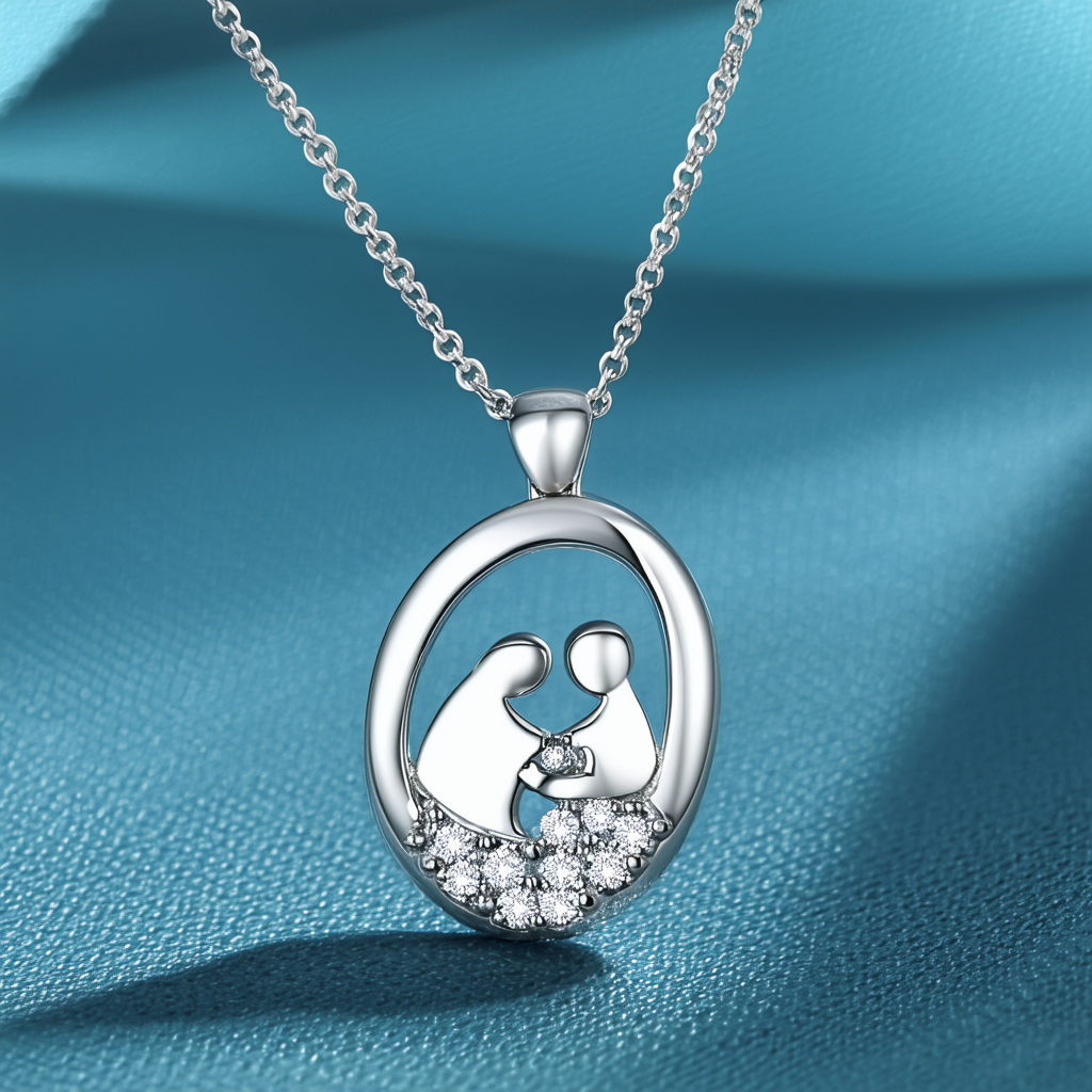Amazon Collection 14k White Gold Diamond-Accent Polished Oval Mother and Child Pendant Necklace, 18"