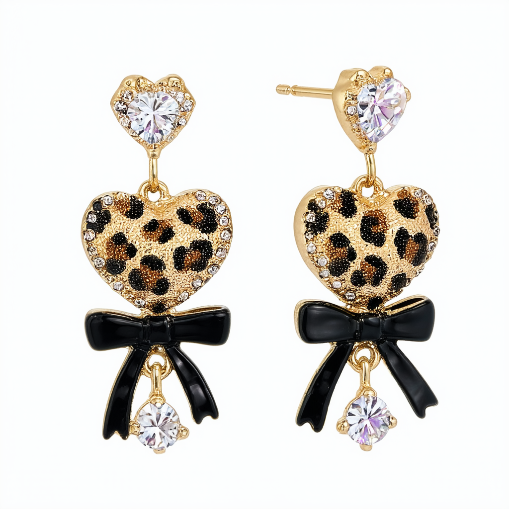 Betsey Johnson Crystal Leopard Heart & Black Bow Drop Earrings