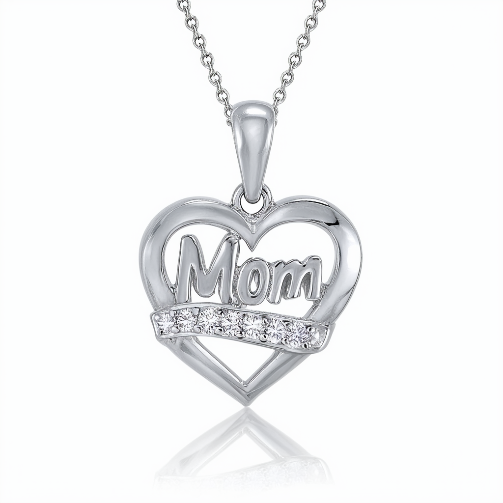 Amazon Collection 10k White Gold "Mom" Heart Pendant (1/10 cttw, H-I Color, I2-I3 Clarity), 18"