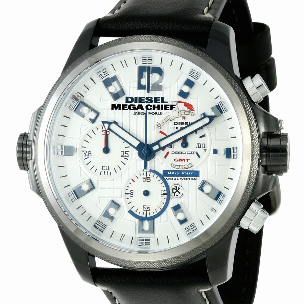 Diesel Mega Chief GMT World Dial Black Leather Mens Watch DZ4320