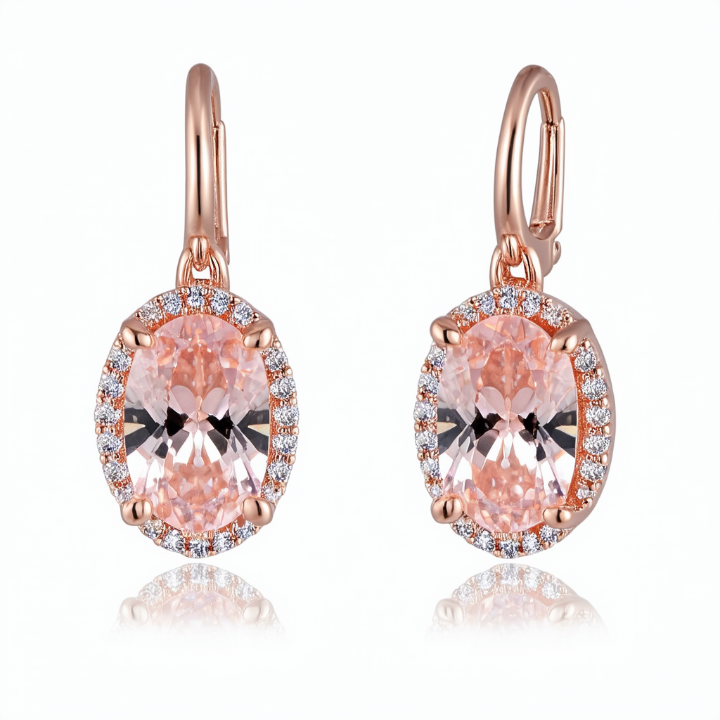 Amazon Collection Rose Gold Plated Silver Morganite Oval Cubic Zirconia Accents Dangle Earrings