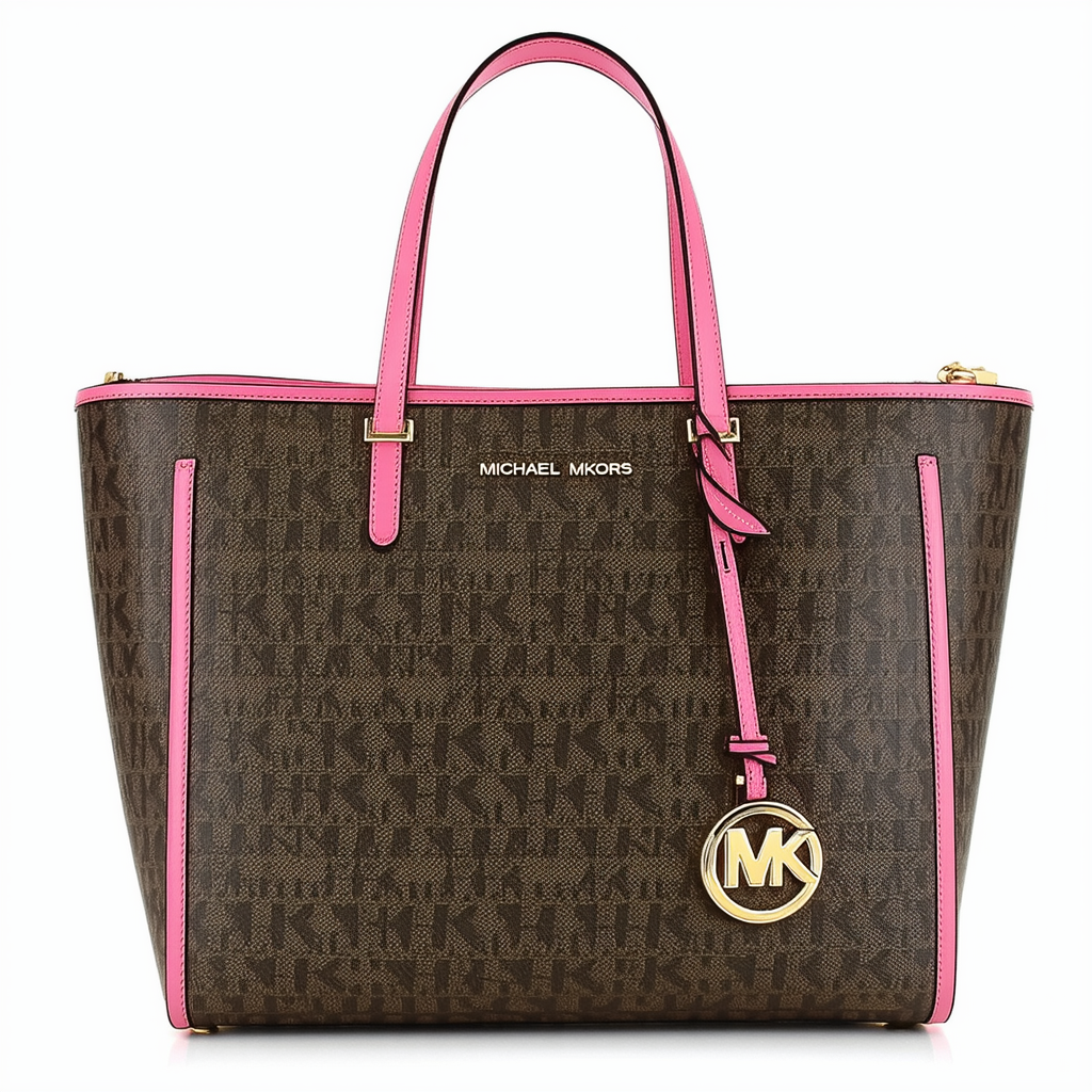 MICHAEL Michael Kors Jet Set Item Large Top Zip Pocket Tote (Large, Brown/Ultra Pink)