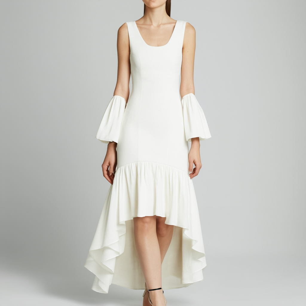 Calvin Klein Women's High Low Dress with Flounce Skirt and Puff Sleeves