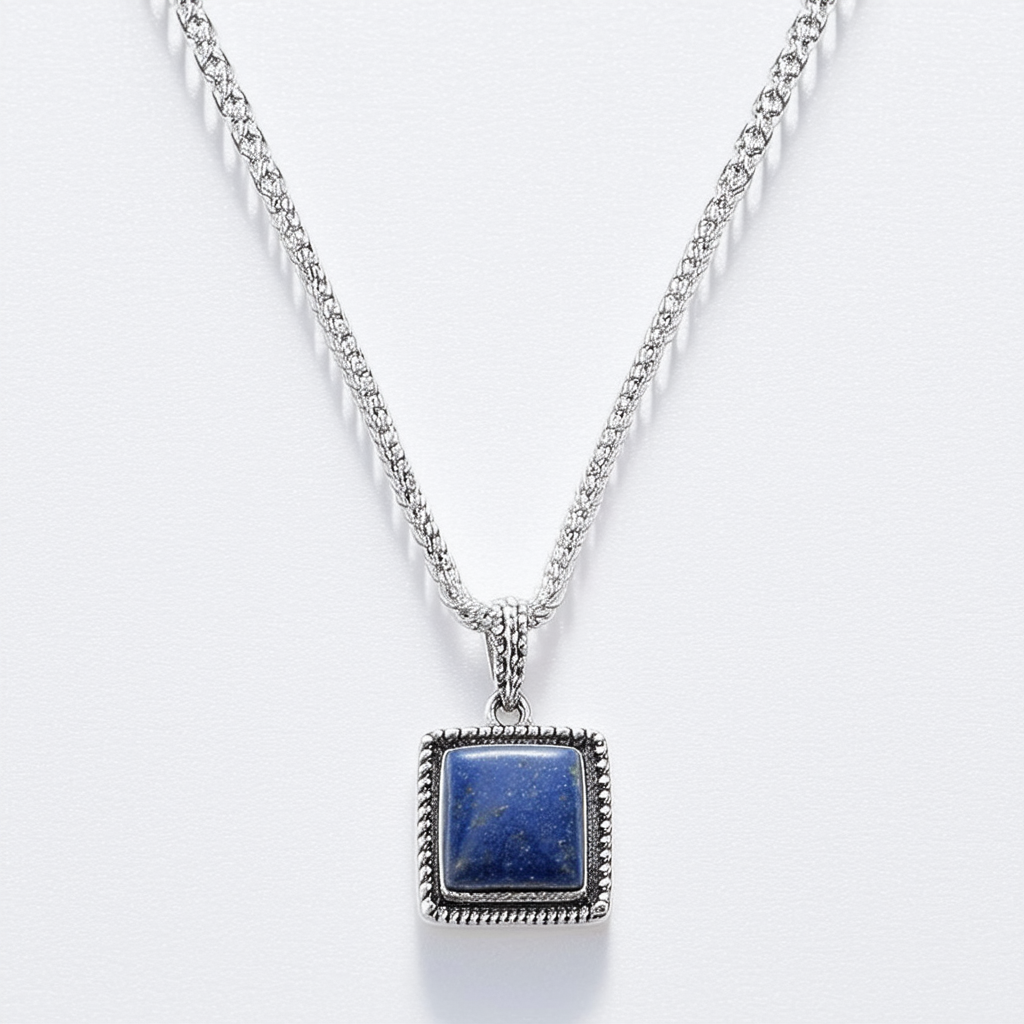 Amazon Collection Sterling Silver Square Braided Genuine Stone Pendant Necklace, 18"