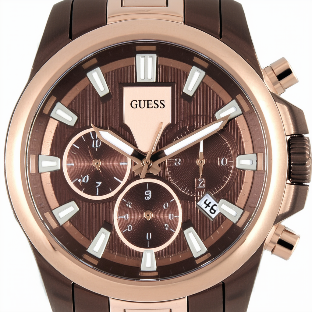 GUESS Men's U0520G1 Sporty Classic Rose Gold-Tone & Brown Multi-Function Watch