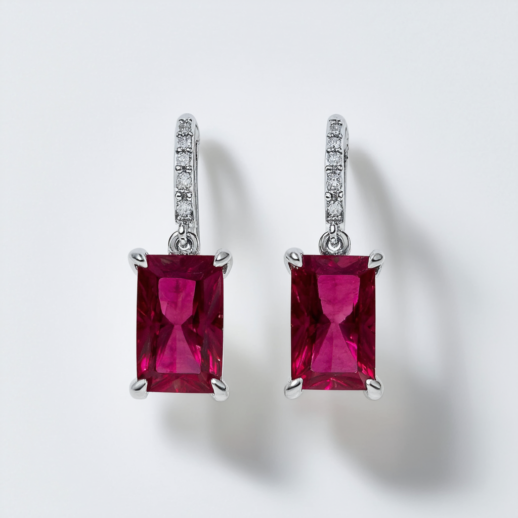 Amazon Collection Sterling Silver Emerald-Cut Created Ruby Dangle Earrings