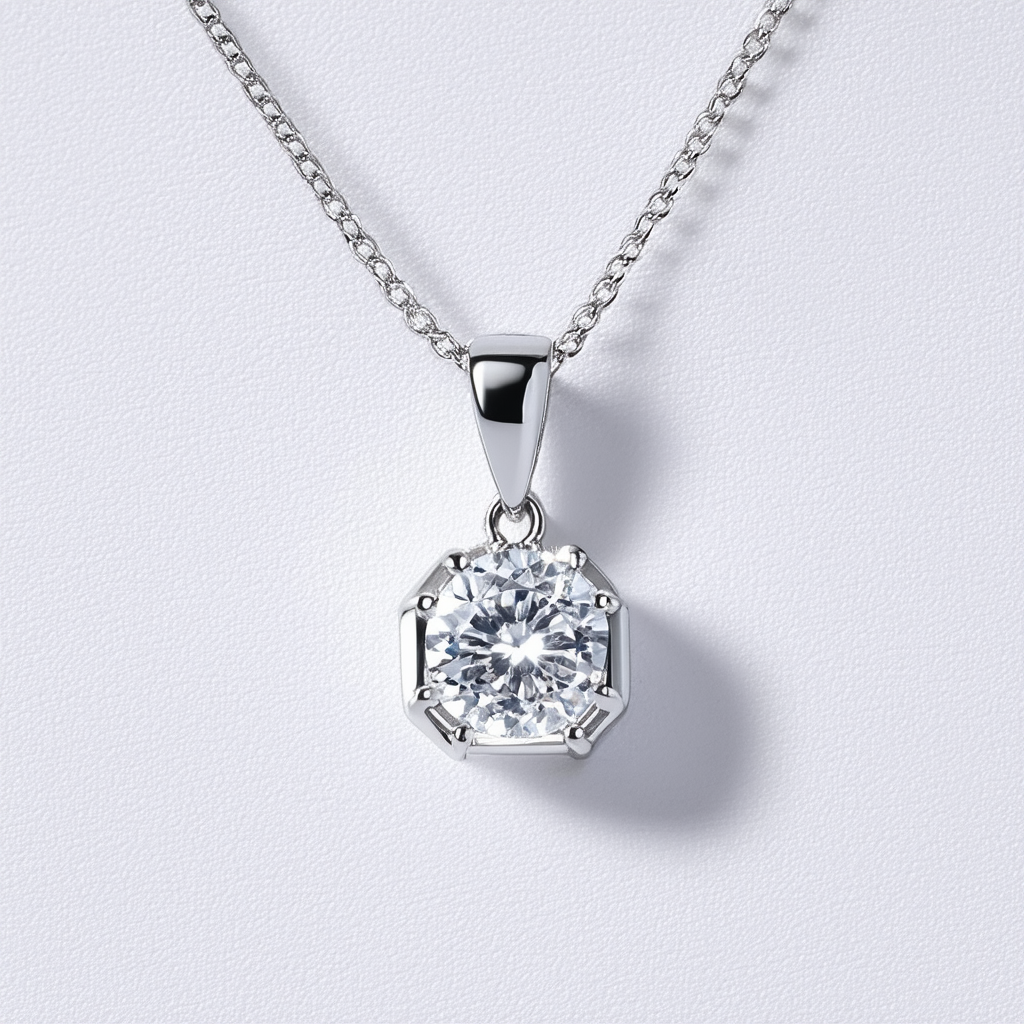 Amazon Collection Sterling Silver Octagon Created White Sapphire Pendant Necklace, 18"