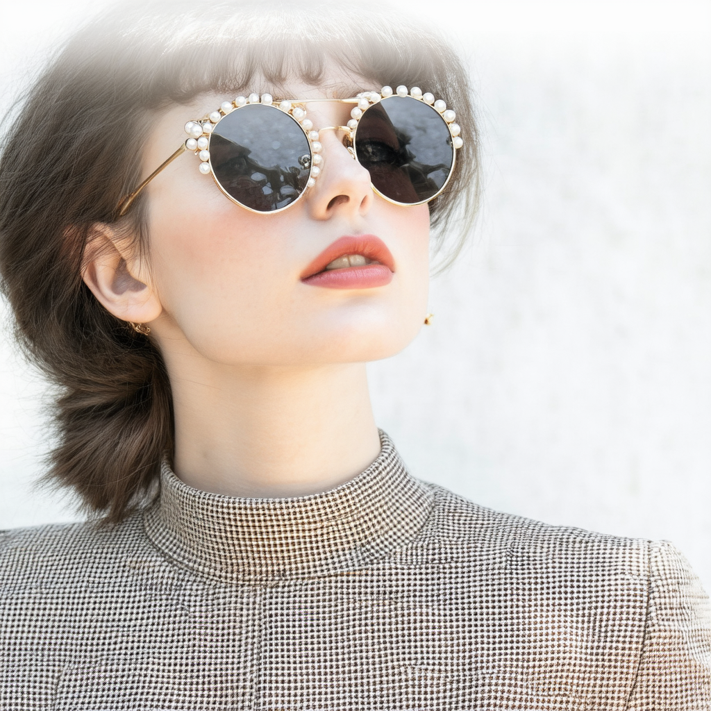 zeroUV Womens Pearl Decorated Small Metal Frame Round Sunglasses (Pearl)