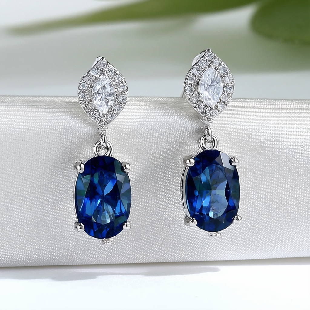 Amazon Collection Sterling Silver Indian Sapphire Crystal and Clear Crystal Oval Dangle Earrings