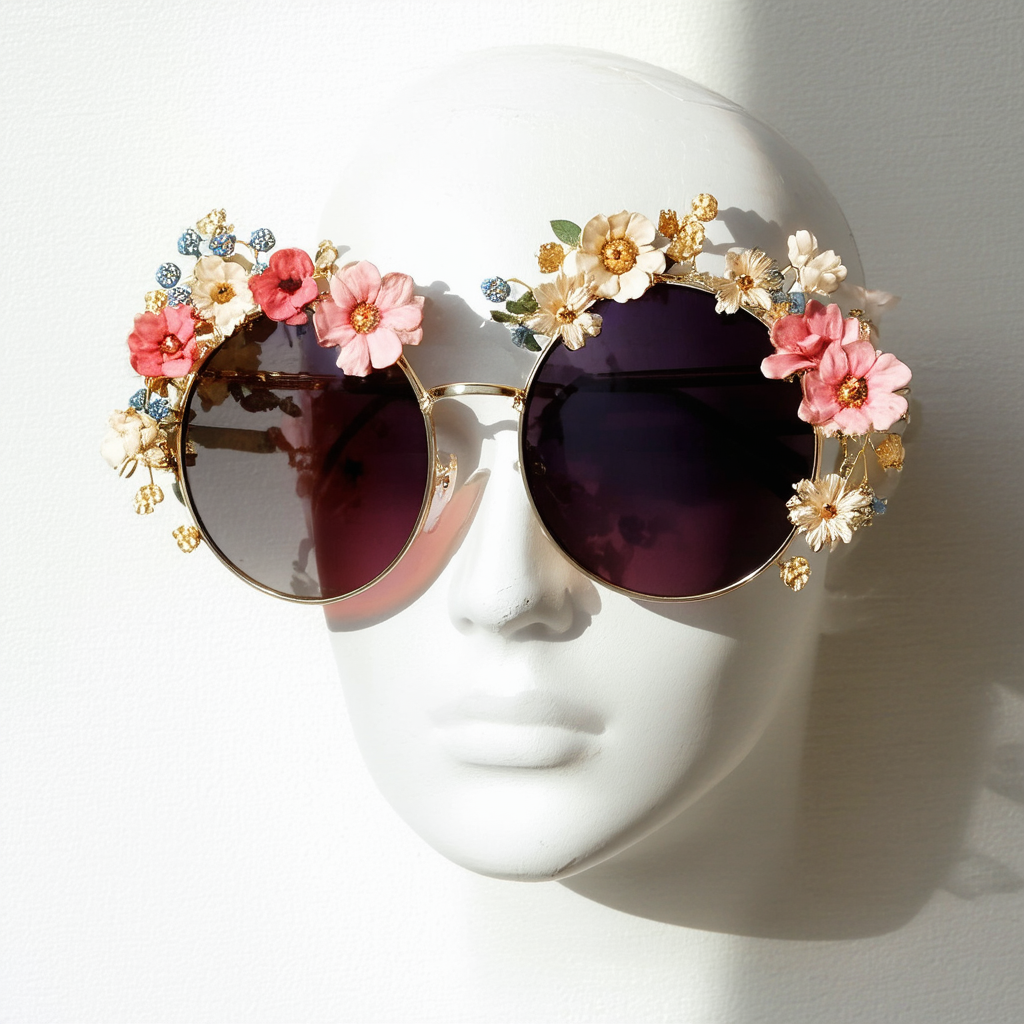 Flower Adorned Hippie Floral Metal Circle Round Sunglasses (Gold)