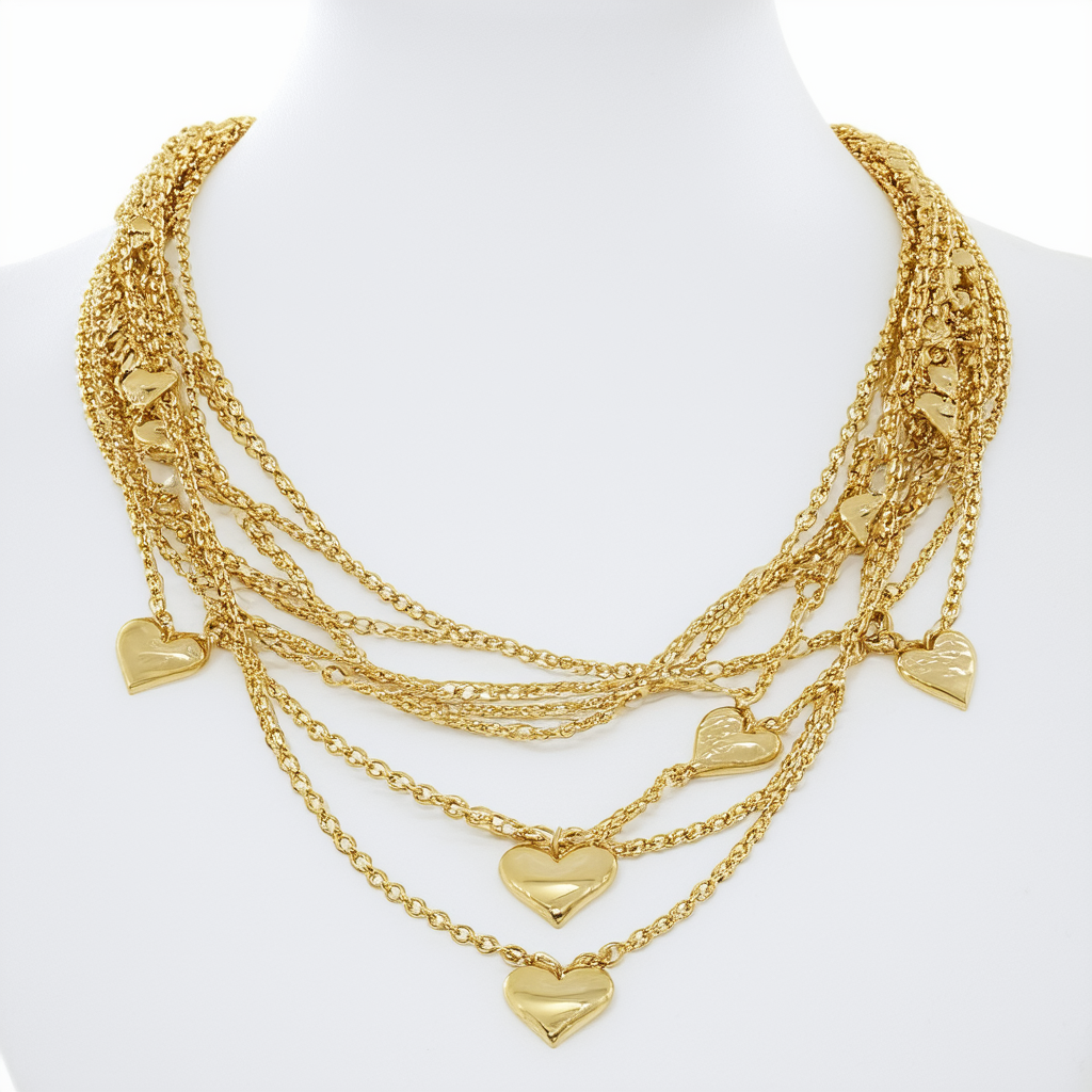 14k Yellow Gold Multi-Strand Heart Drop Necklace