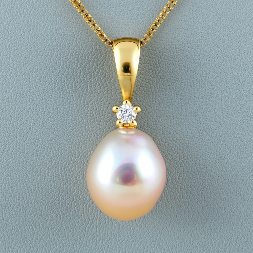 Freshwater Cultured Pearl 8.0-8.5mm Pendant w/ Diamond (0.07ctw) on 14k Yellow Gold Chain, 18"