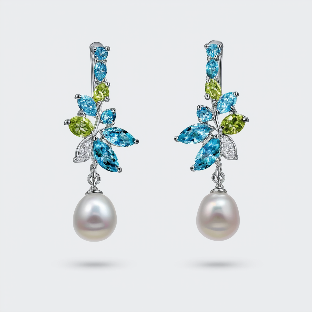 Amazon Collection Sterling Silver Swiss Blue Topaz, Peridot and Cultured Pearl Dangle Earrings