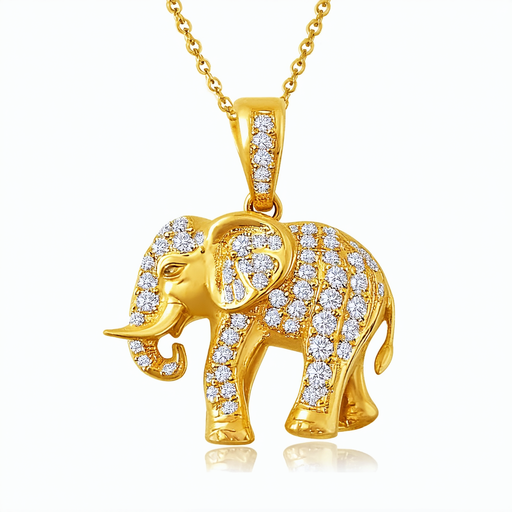 18k Yellow Gold Plated Sterling Silver Diamond Elephant Pendant Necklace , 18"