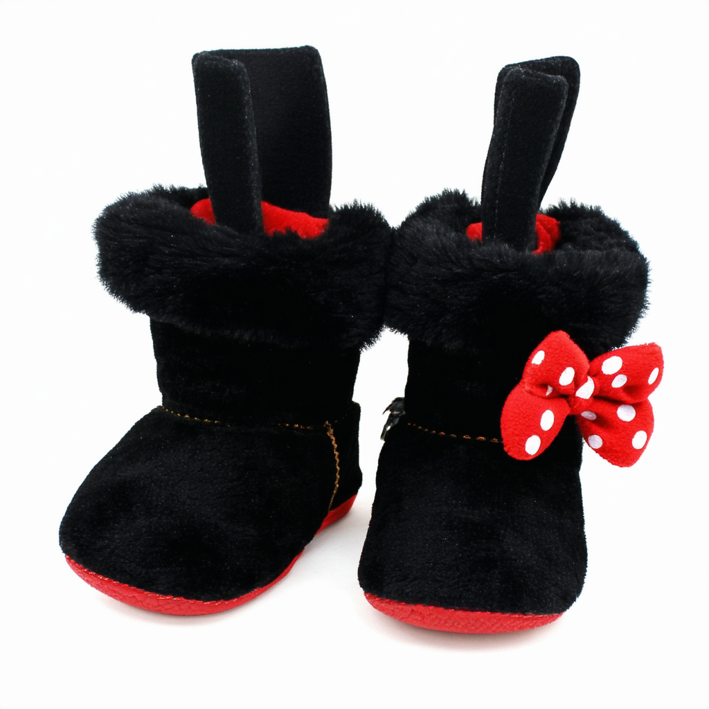 Infant Toddler Minnie Mouse Black with Red Trim Faux Fur Boots