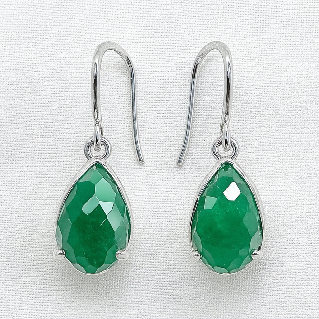 Amazon Collection Sterling Silver Faceted Dyed Green Jade Shepherds Hook Earrings