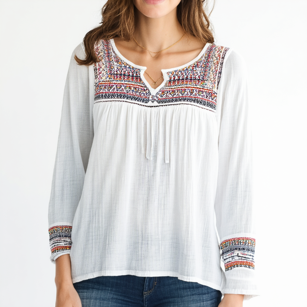Lucky Brand Women's Long Sleeve Crew Neck Embroidered Yoke Top