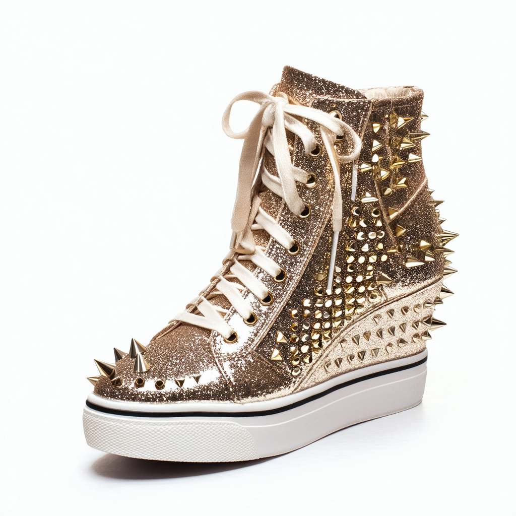 Qupid Patton-19 Metallic Glitter Spike Studded High Top Lace Up Wedge Sneaker AB62 - Champagne