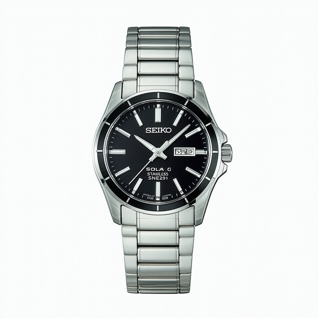 Seiko Solar Black Dial Stainless Steel Mens Watch SNE291 by Seiko Watches