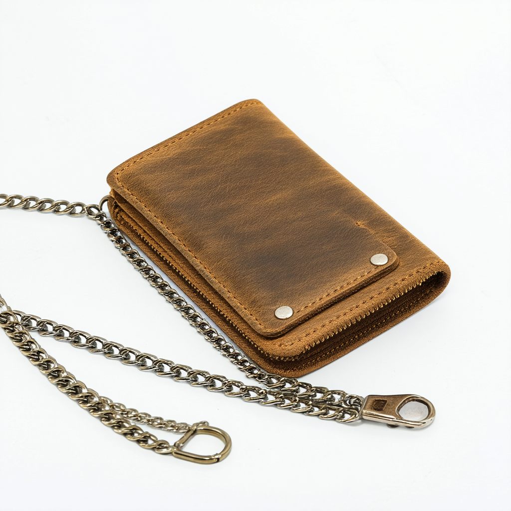 Vintage Men Long Chain Trucker Wallet Leather Biker Card Holder Checkbook Purse, brown