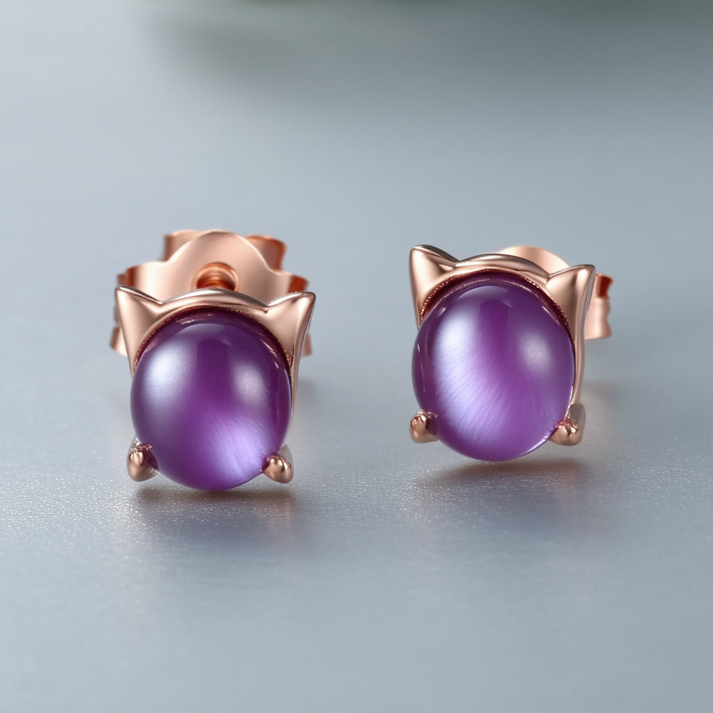 Amazon Collection Rose Gold Flashed Silver Simulated Purple Cats Eye Earrings