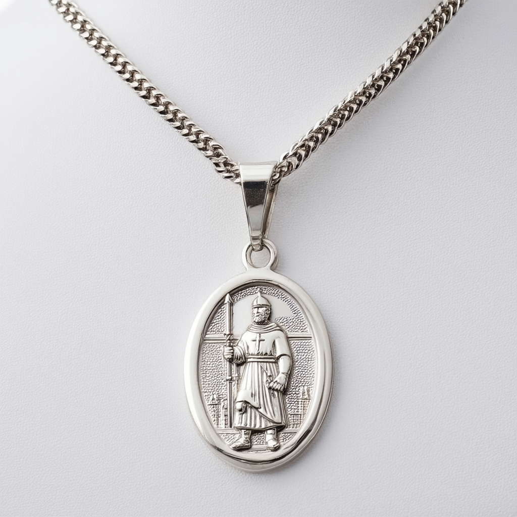 Amazon Collection Sterling Silver Polished Oval Saint Florian Medal with Stainless Steel Chain, 20"