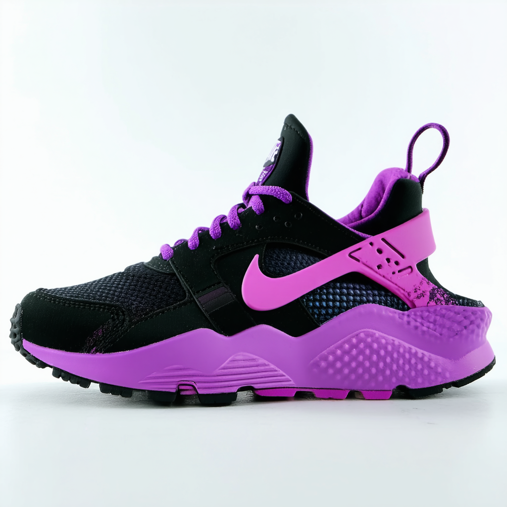 Nike 704946-003 Big Kids Huarache Print Running Shoes, Black/Hyper Violet, 4 M US Big Kid