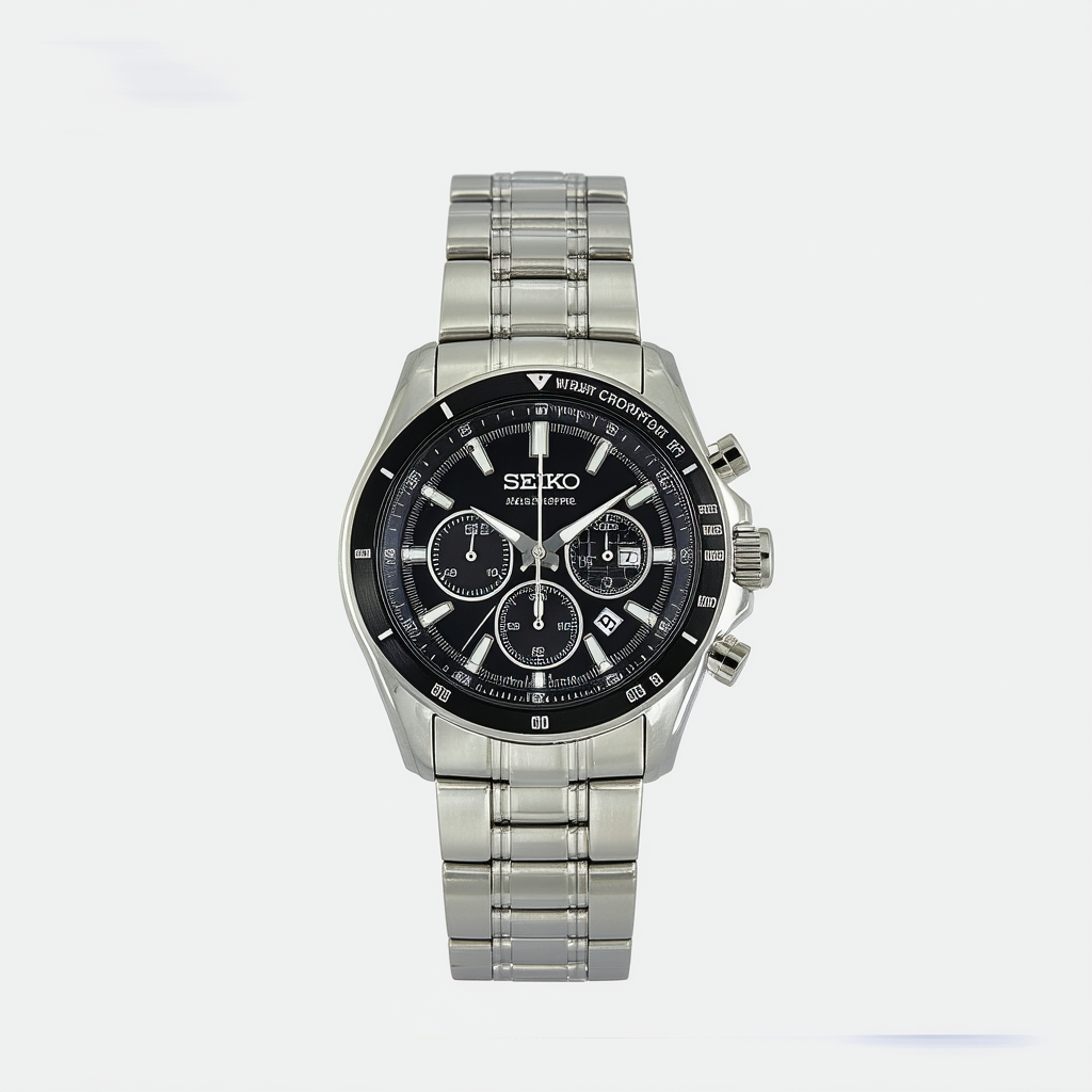 SEIKO Mens Chronograph Alarm Stainless Steel Black Dial Watch SNAC61P3