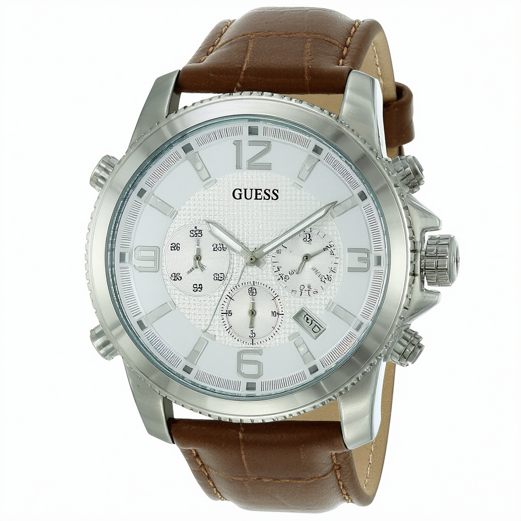 GUESS Men's Stainless Steel Leather Casual Watch, Color: Silver-Tone/Brown (Model: U0998G2)